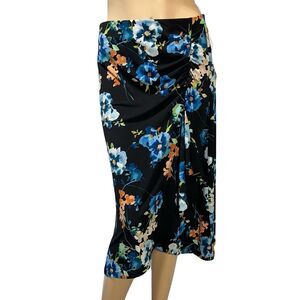 Calvin Klein Black Floral Midi skirt Size XL Ruched Ruffle Stretch NWT